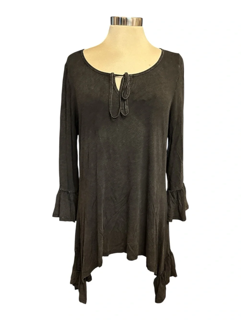 ANDREE BY UNIT Tie-Front Ruffle asymmetrical Hem Tunic long sleeves Sz large